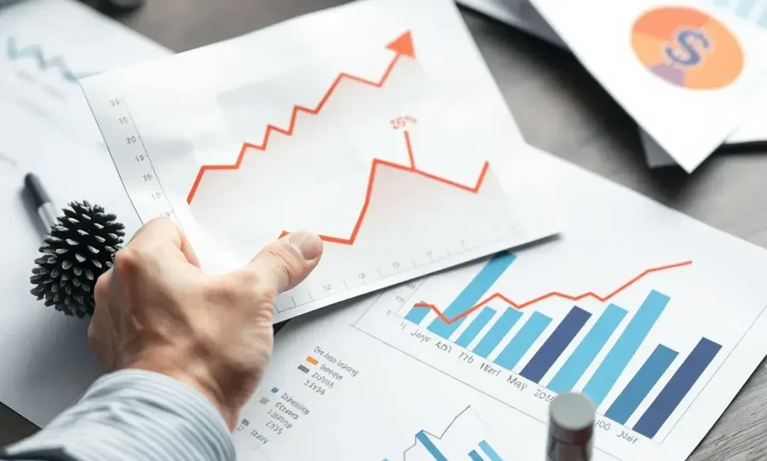 Person analyzing graphs with dollar signs and growth charts.