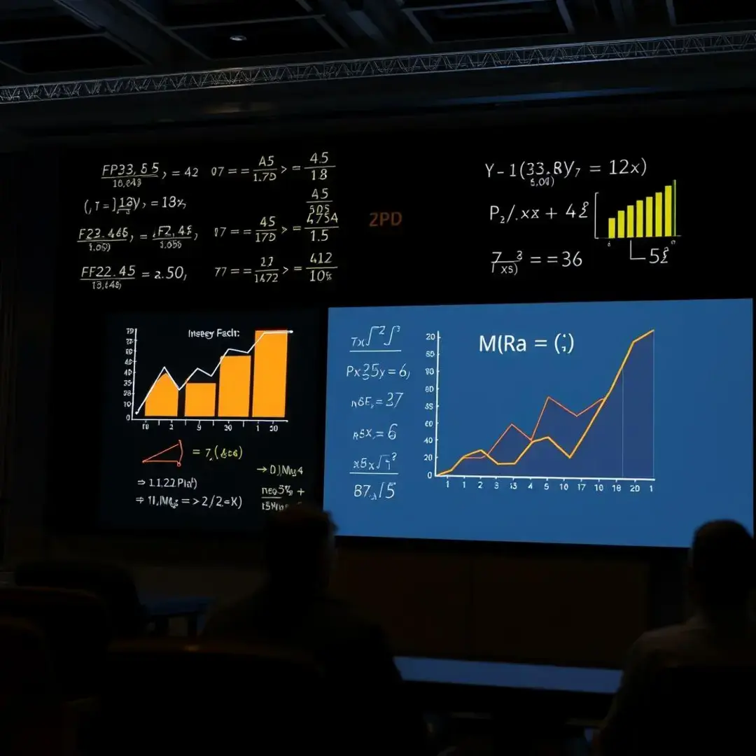 Graphs, equations, startups discussing interest rate impact, solution brainstorming.