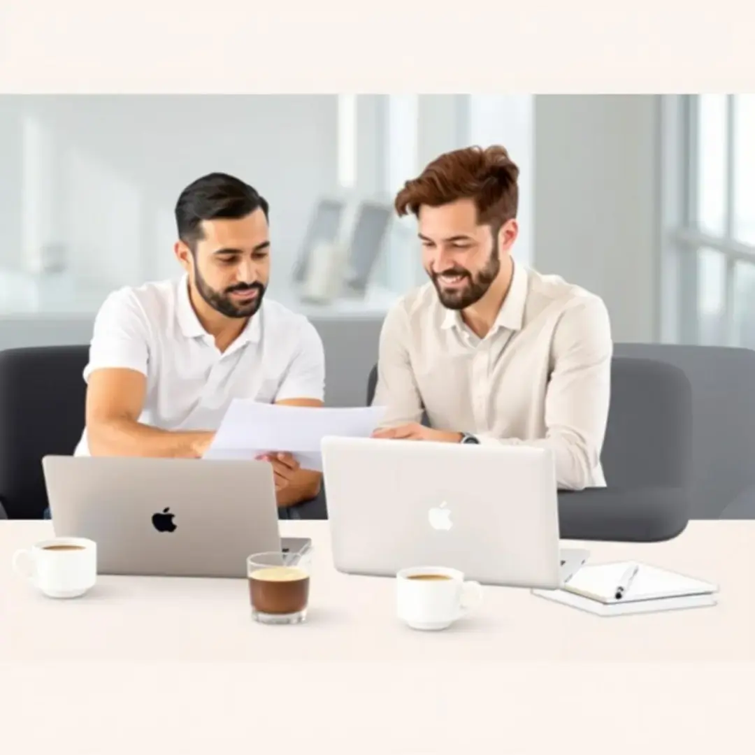 Co-founders discussing agreements over laptops and coffee.