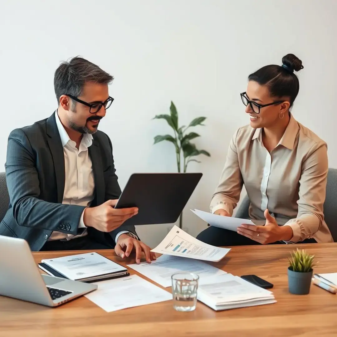 Two entrepreneurs discussing a contract with laptops and documents.