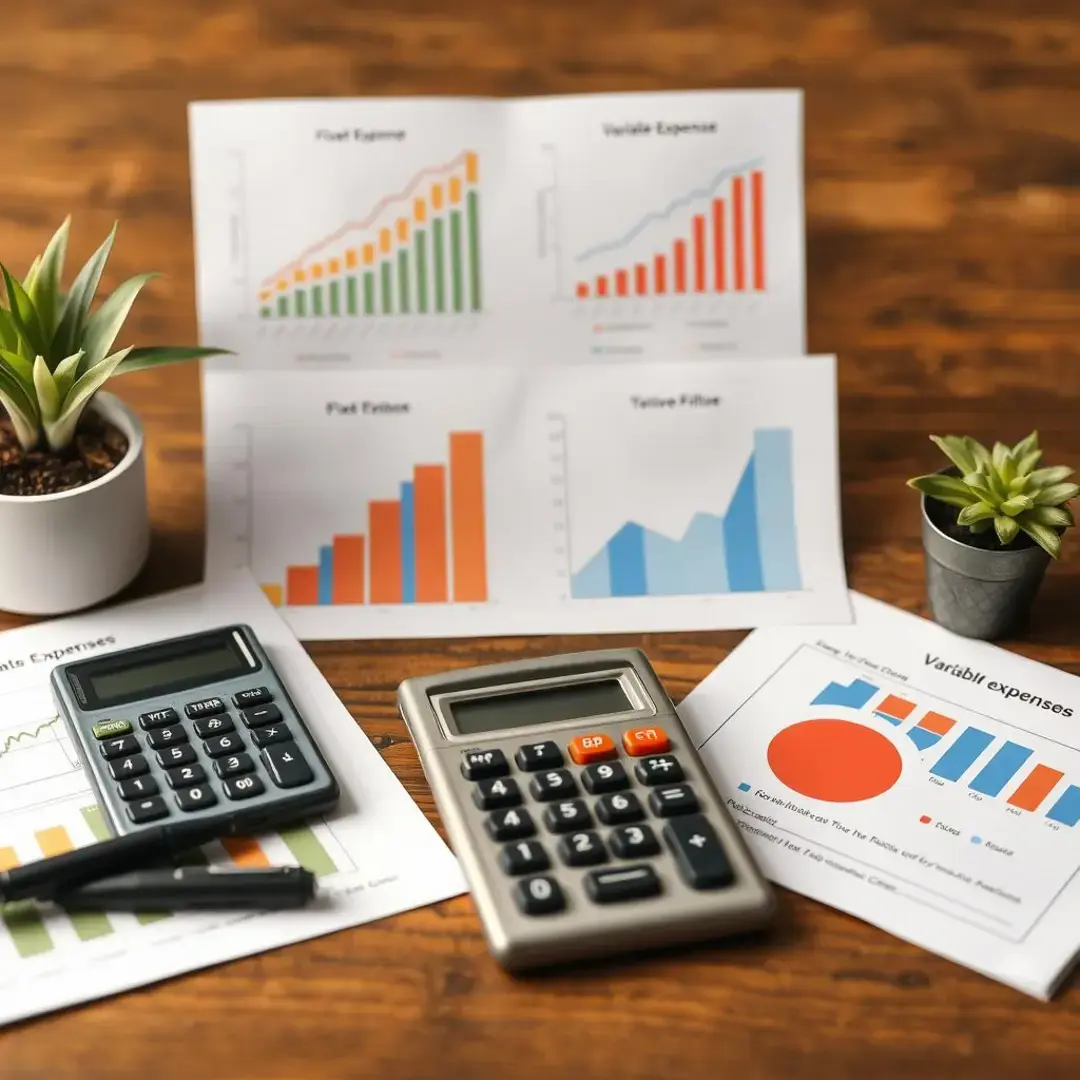 Graphs illustrating fixed vs. variable expenses, calculator, charts.