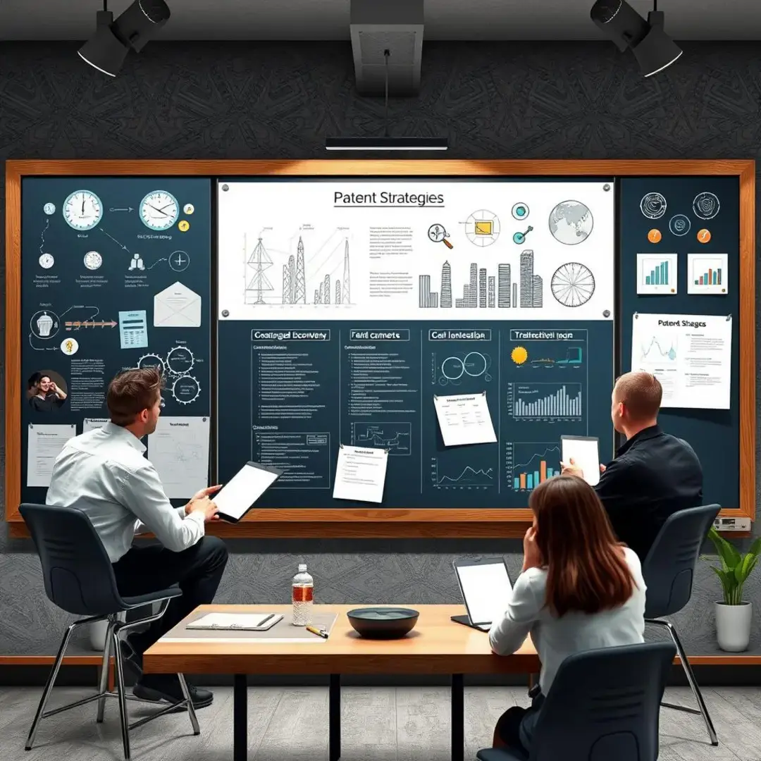 Innovative team brainstorming patent strategies on a digital board.