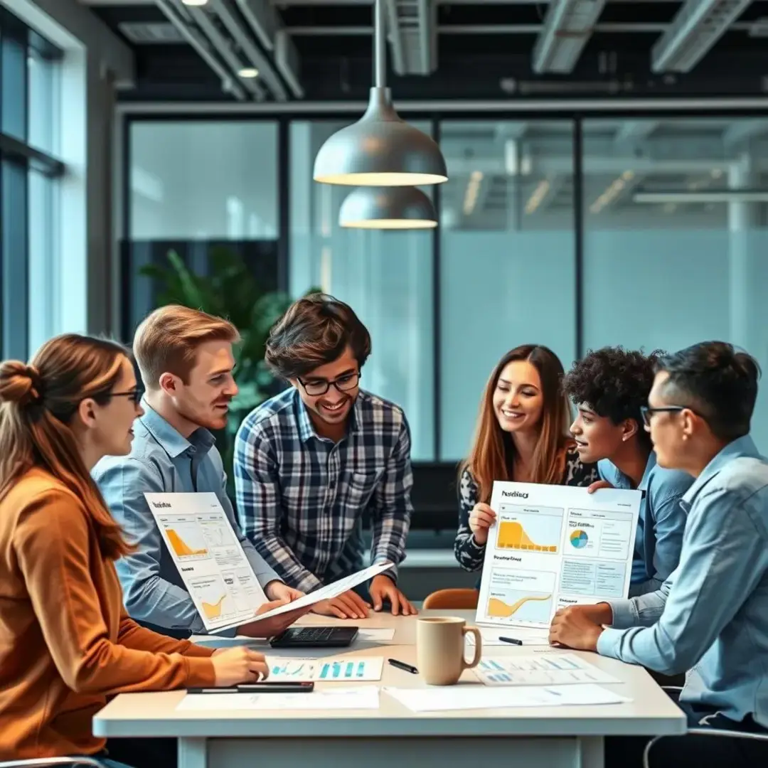 Diverse team discussing feedback charts in a modern workspace.