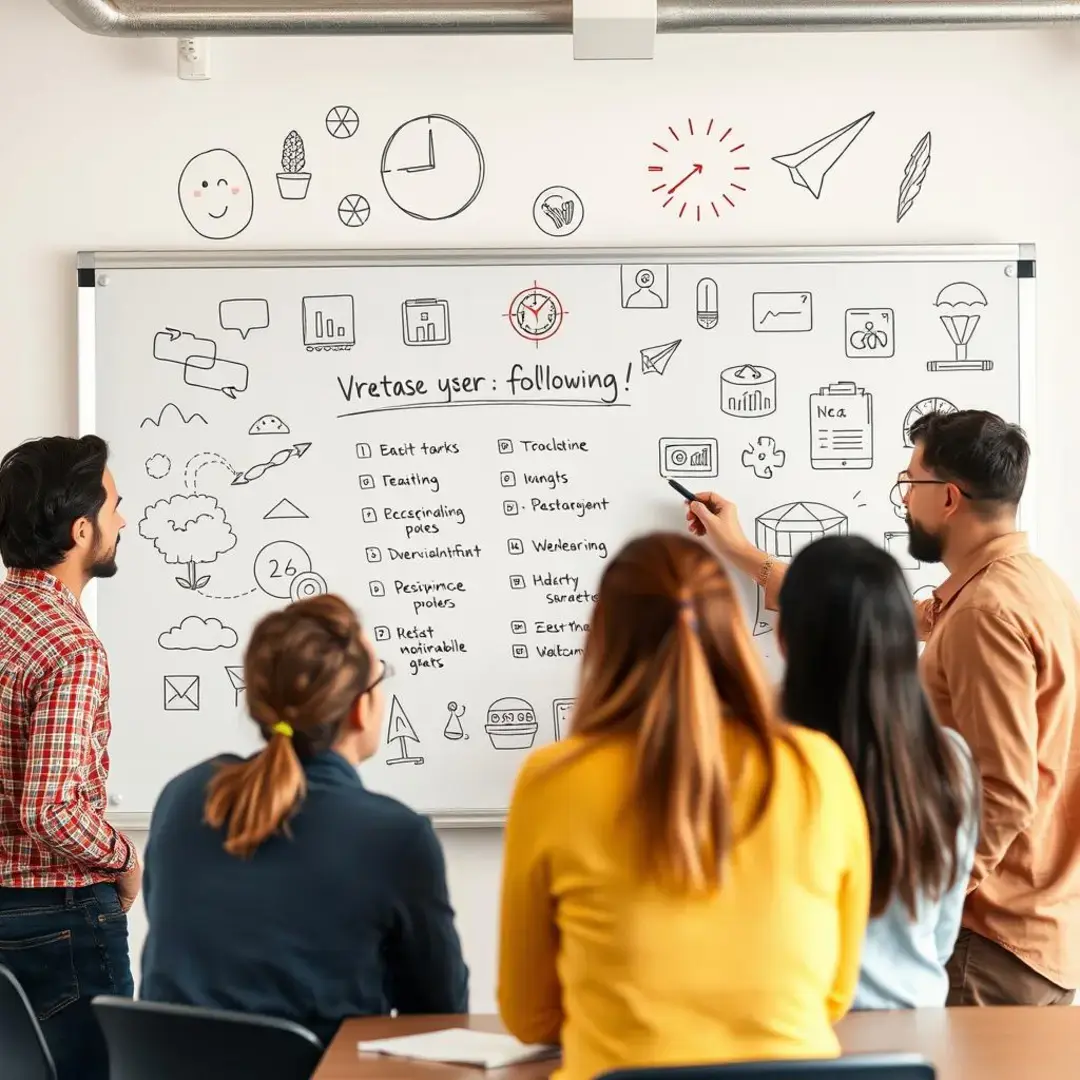 Diverse team brainstorming innovative user acquisition strategies on whiteboard.