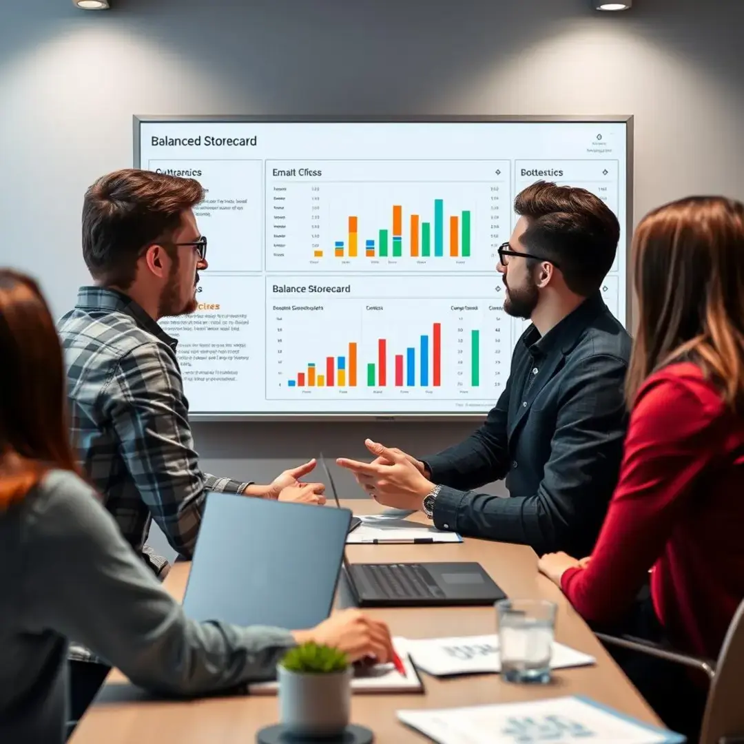 Startup team analyzing metrics on a Balanced Scorecard dashboard.