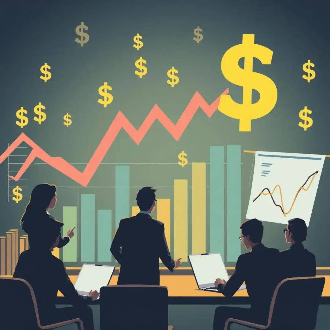 Graphs, charts, dollar signs, market fluctuations, strategic planning, teamwork.