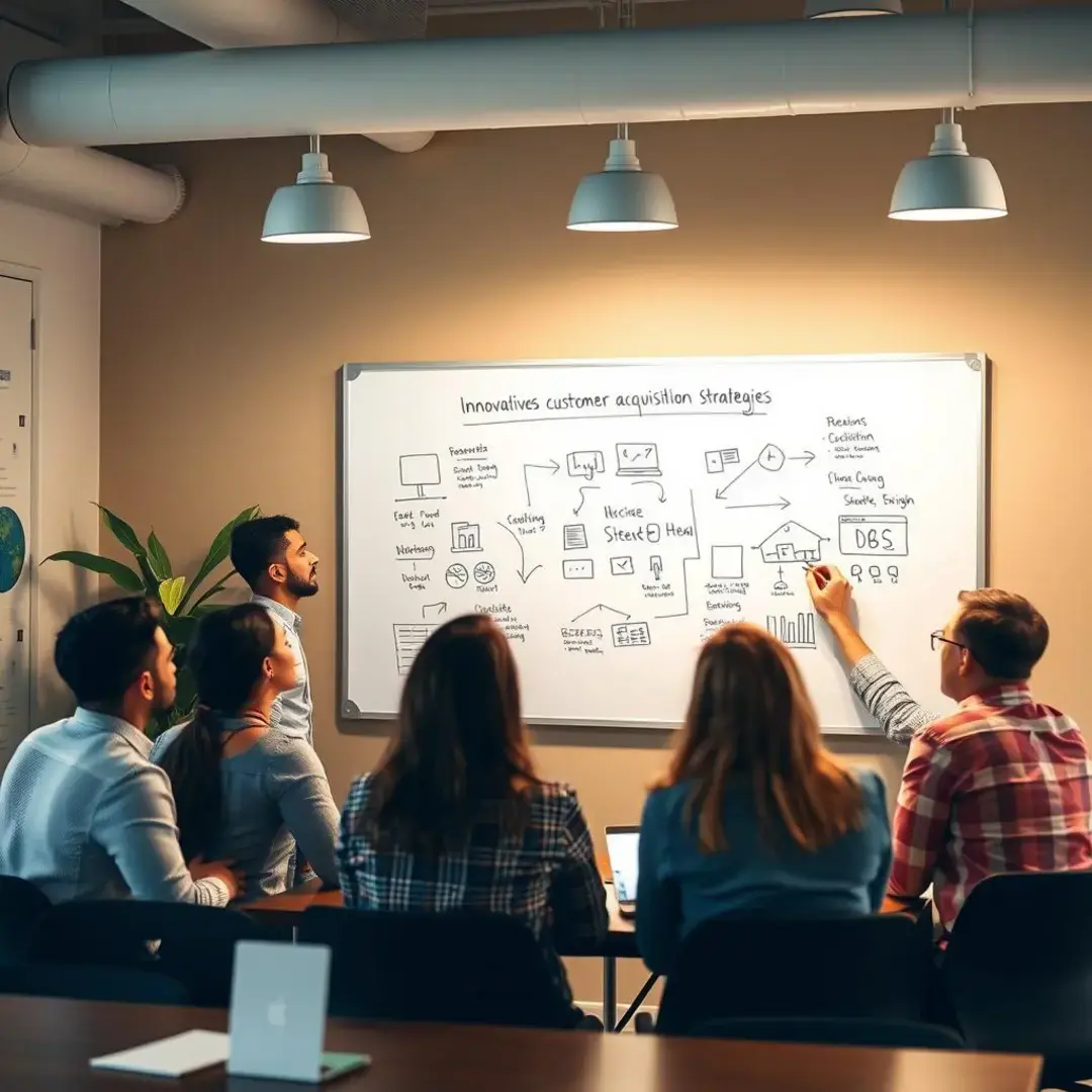 Diverse team brainstorming innovative customer acquisition strategies on a whiteboard.