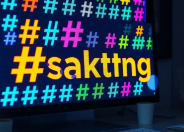 Colorful hashtags on a digital screen showcasing marketing strategies.