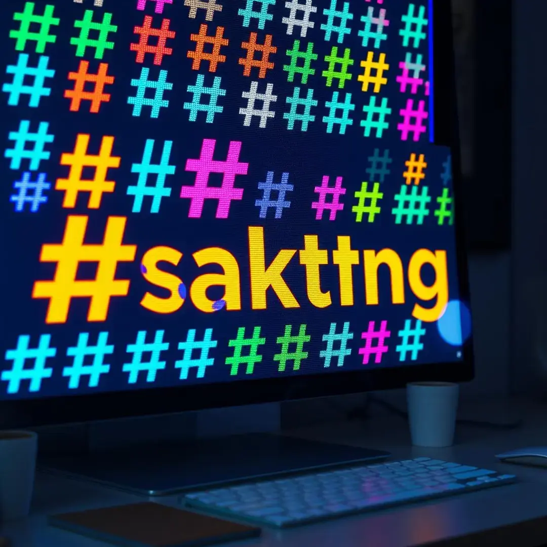 Colorful hashtags on a digital screen showcasing marketing strategies.