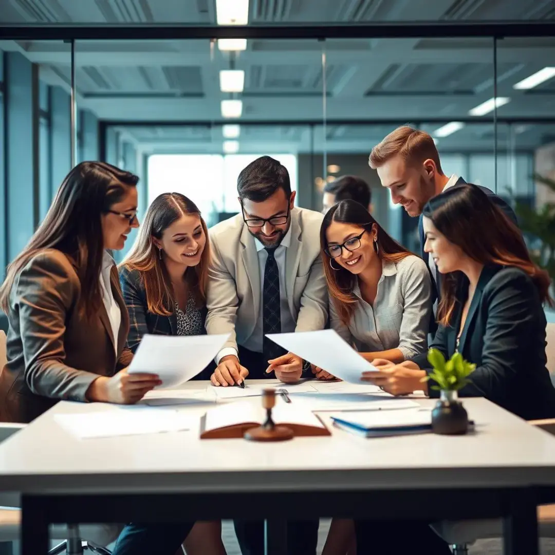 Diverse team collaborating, legal documents, modern office setting.