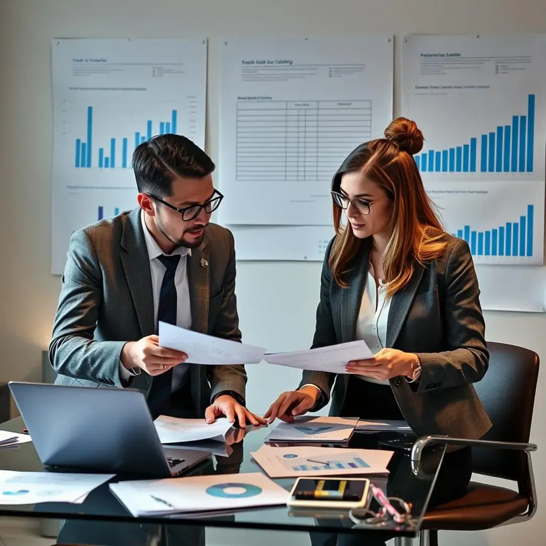 Two professionals discussing over documents, laptops, and charts.