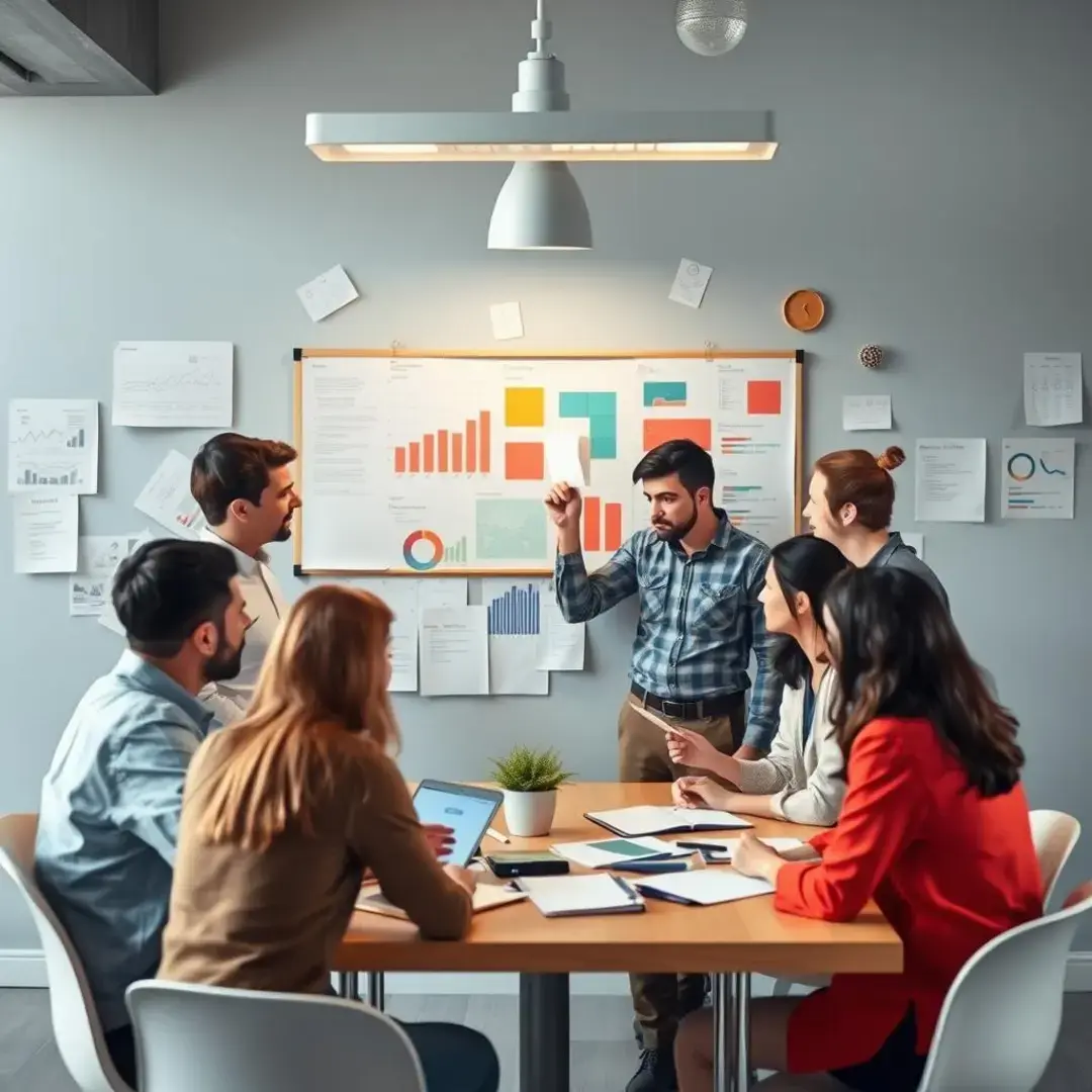 Diverse team brainstorming with charts, notes, and collaborative tools.