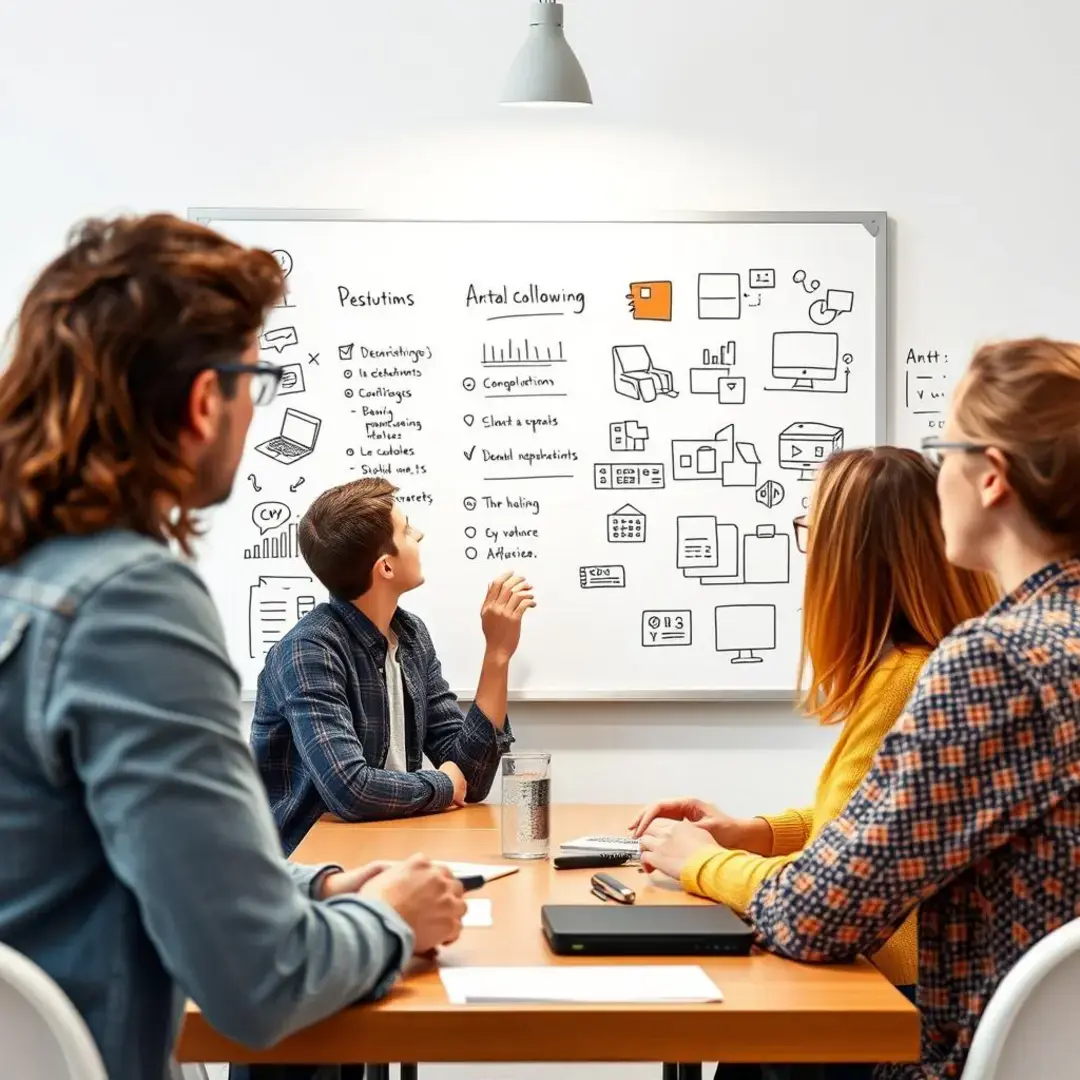 Diverse team brainstorming strategies on digital advertising whiteboard.