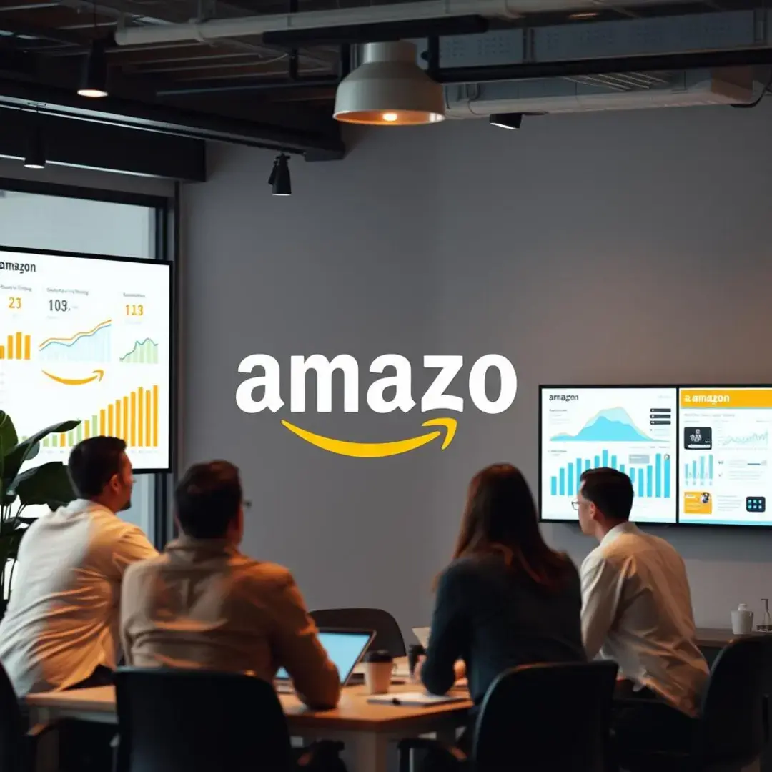 Amazon logo, e-commerce analytics, startup team brainstorming, digital marketing tools.