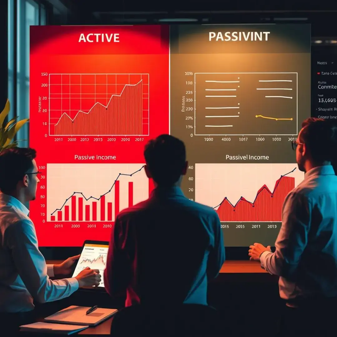 Graphs comparing active and passive income strategies, entrepreneurs analyzing data.