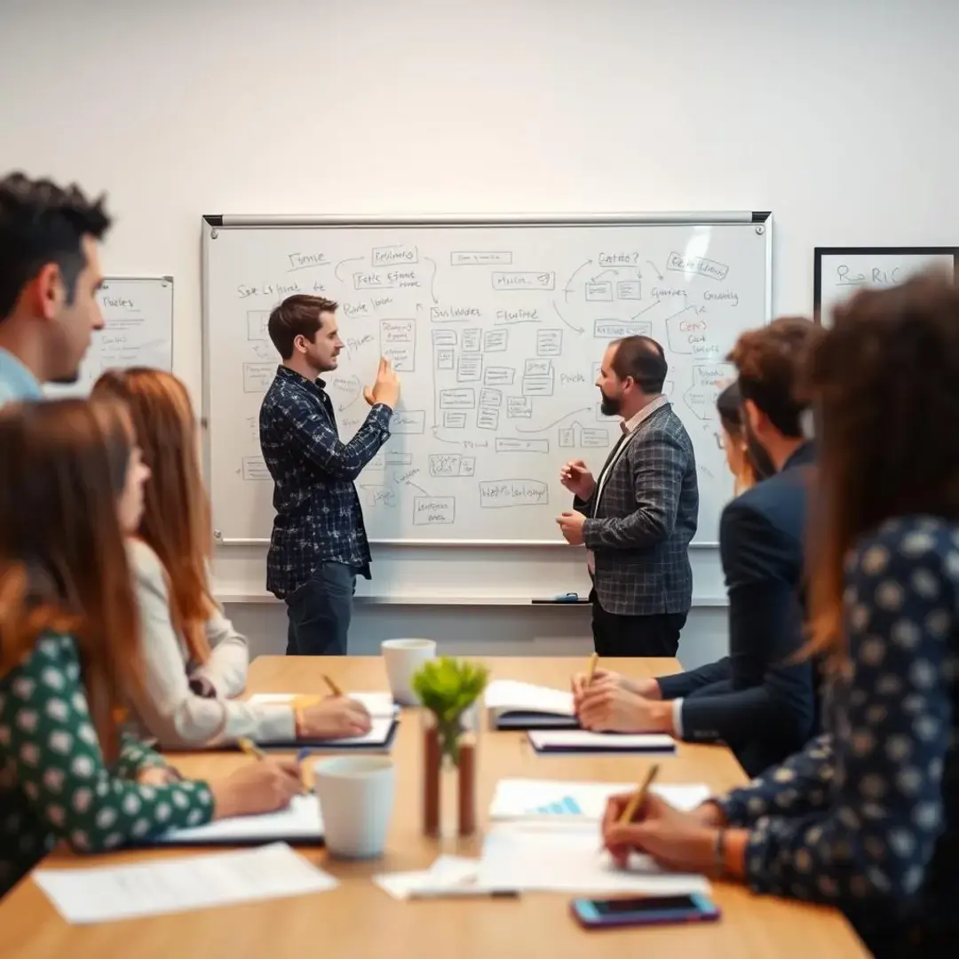 Diverse team brainstorming, whiteboard ideas, focused discussions, pitch notes.