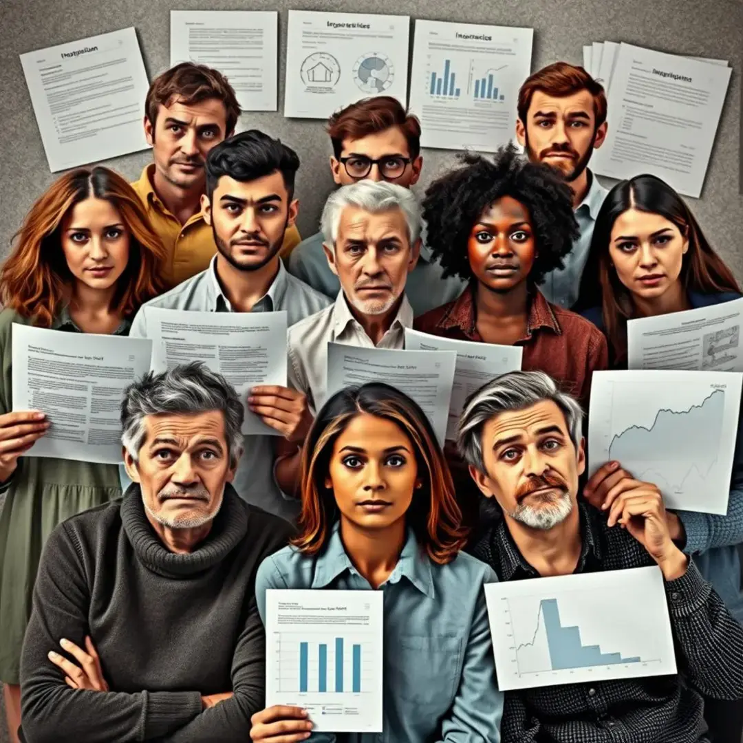 Diverse individuals, insurance documents, uncertain expressions, financial graphs.