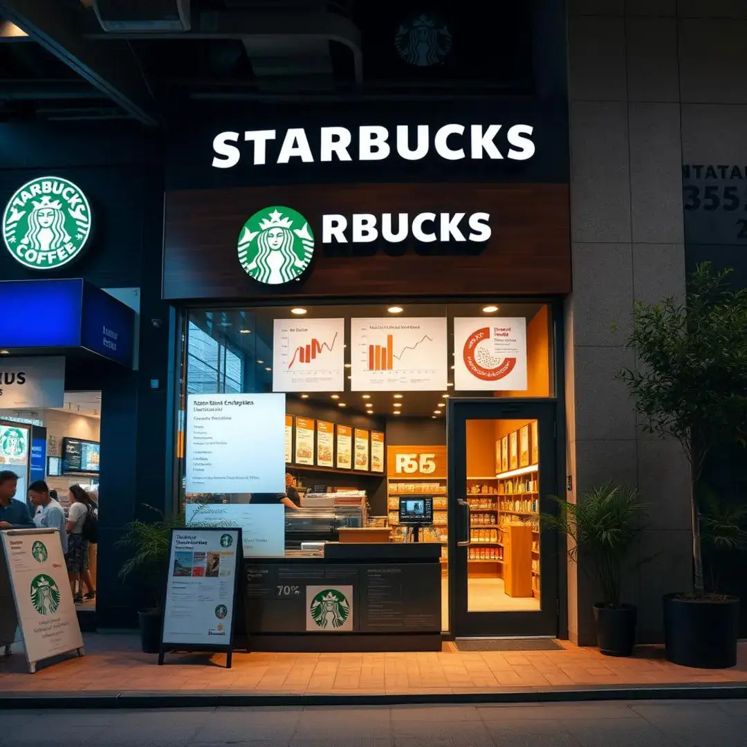 Starbucks store with competitors and market analysis charts.