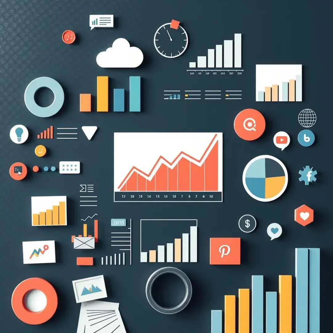 Graphs, charts, metrics, social media icons, analytical tools.