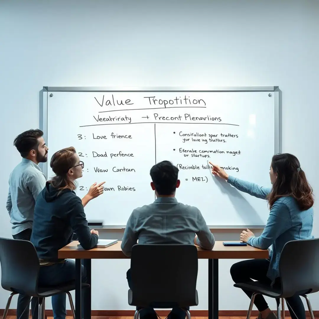 Startup team discussing value proposition on whiteboard.