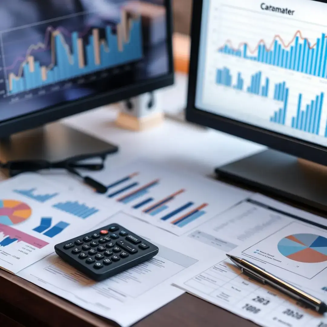 Graphs, charts, documents, and a calculator on a desk.