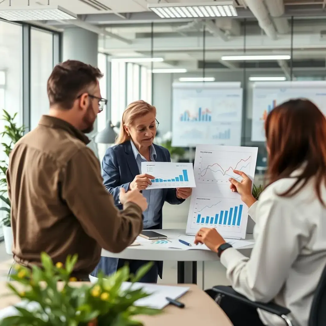 People discussing charts and graphs in a modern office.