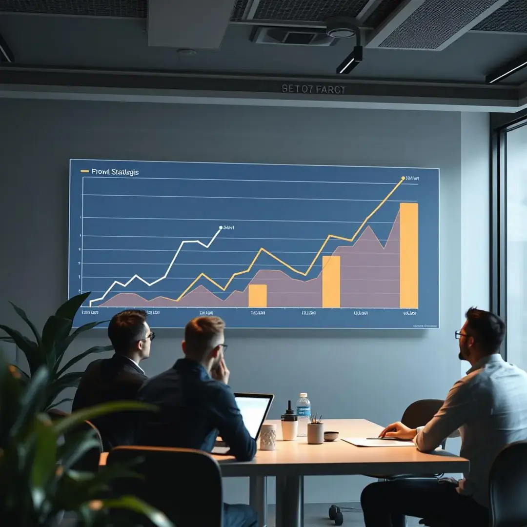 Graphs showing growth trends, startup team discussing strategies.