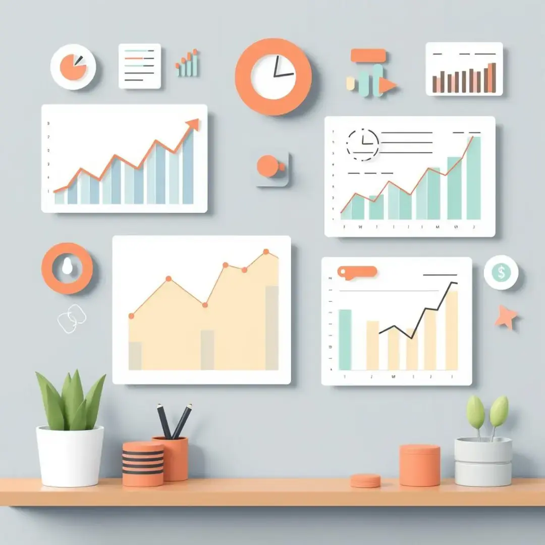 Graphs, charts, and icons illustrating customer acquisition costs analysis.