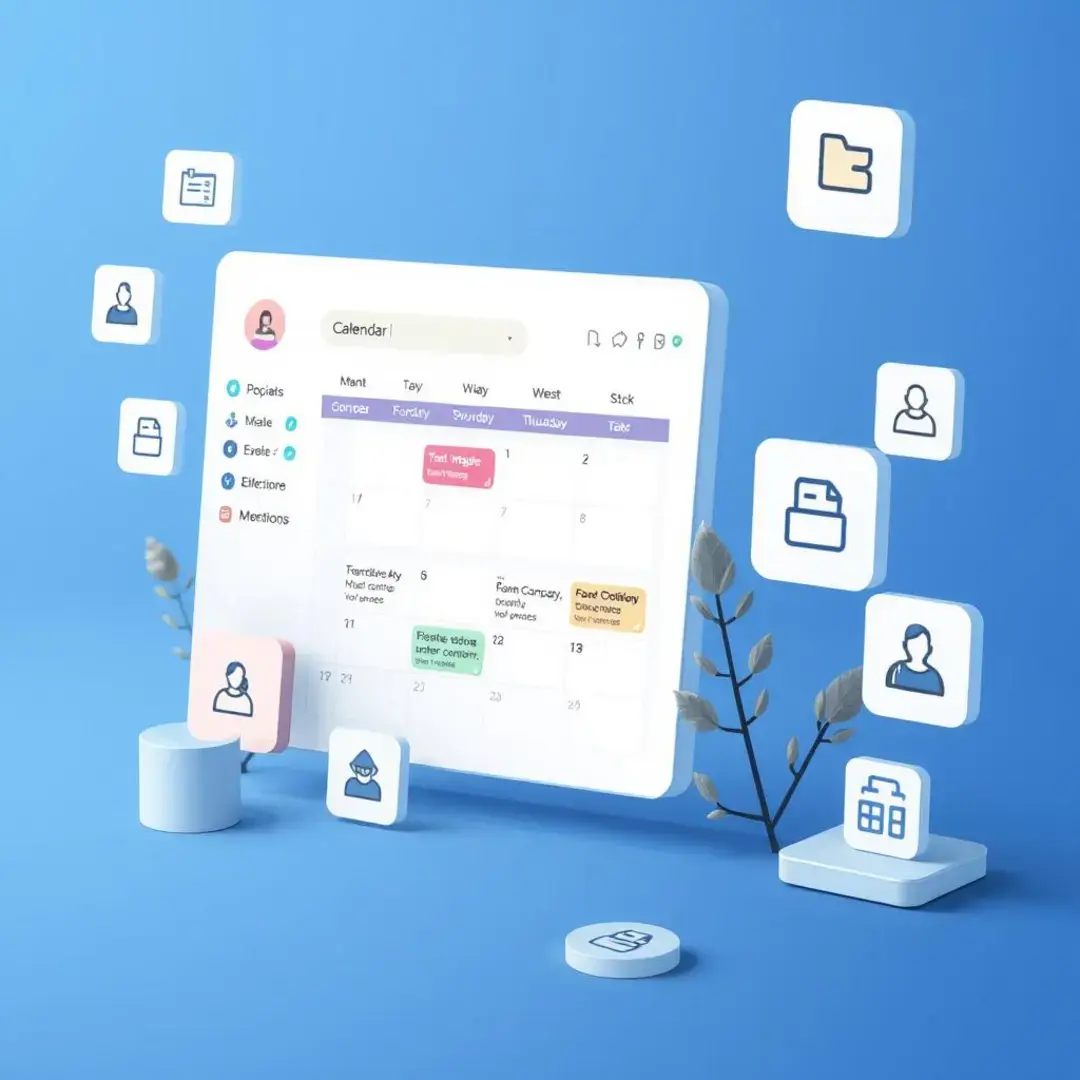 Calendar interface with automated scheduling tools and integration icons.