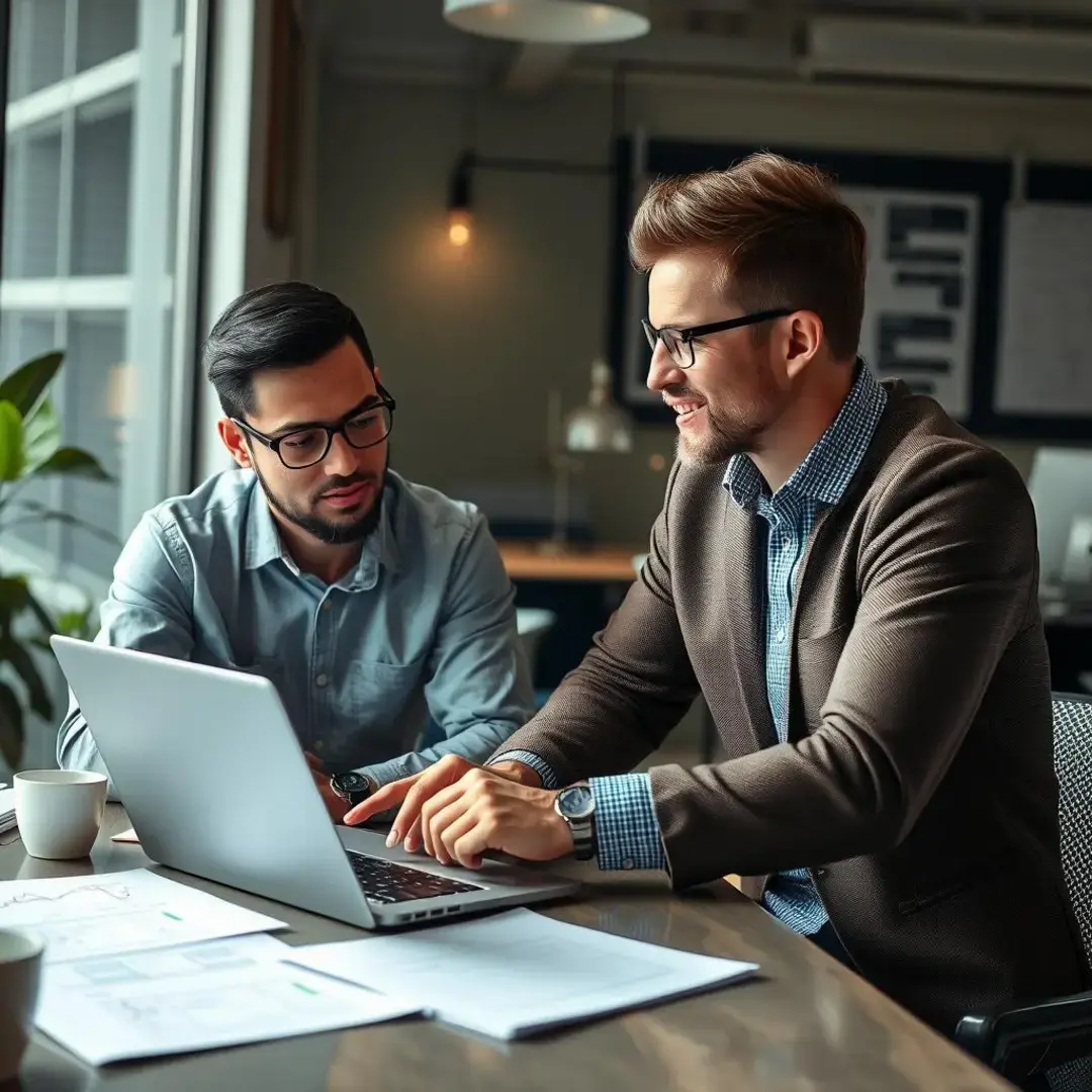 Two entrepreneurs discussing strategies over a laptop and notes.