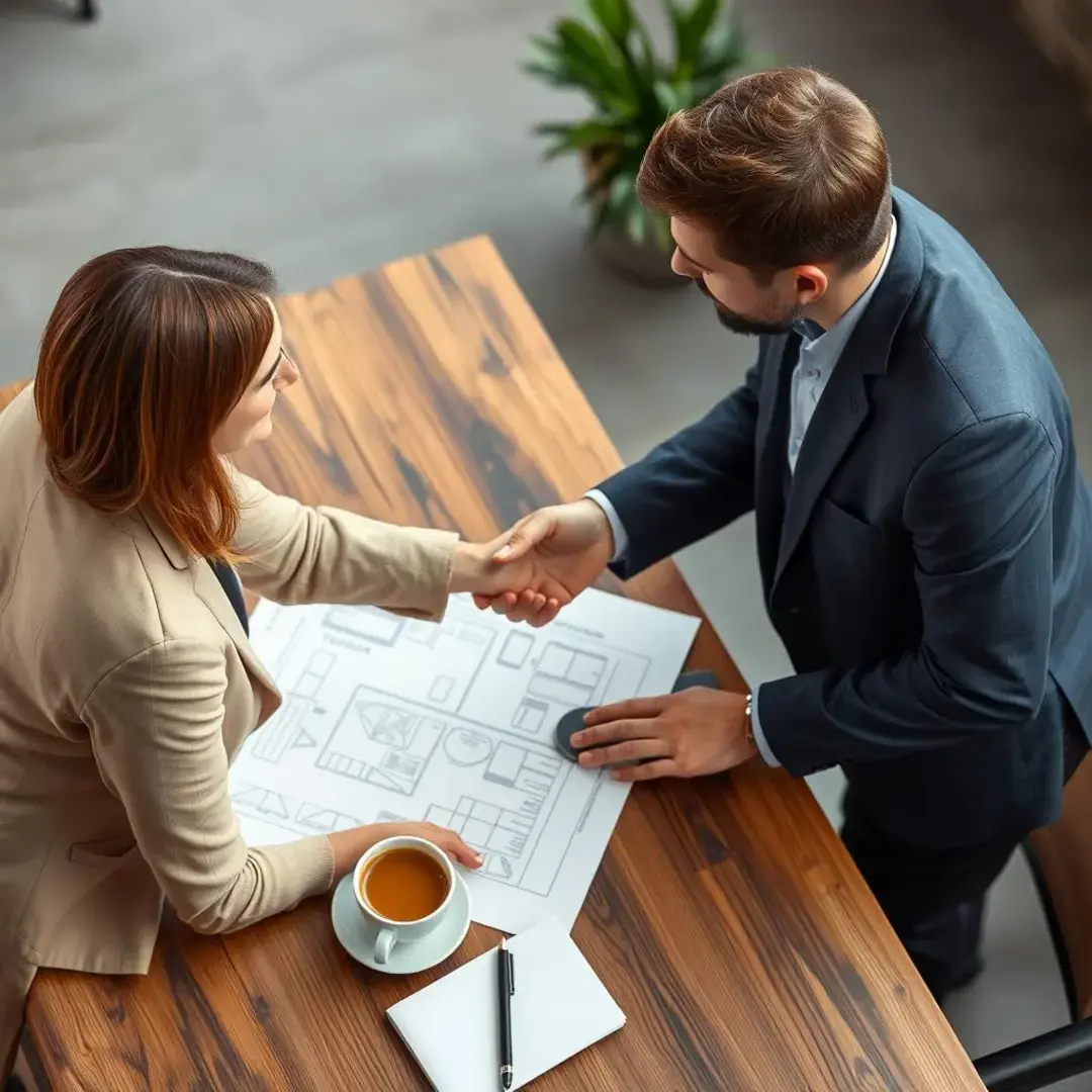 Two partners shaking hands over a blueprint and coffee.