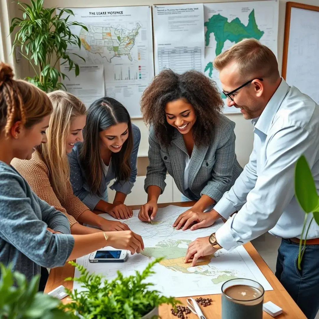 Diverse team collaborating over charts and eco-friendly materials.