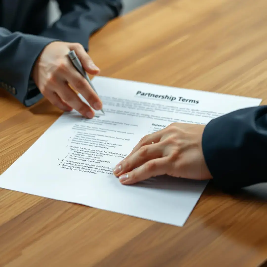 Hands shaking over a contract with partnership terms outlined.