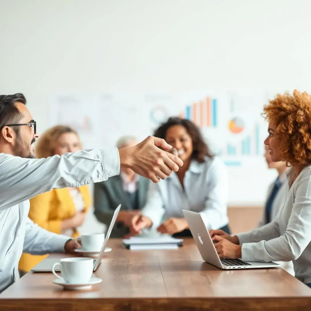 Handshake, diverse team brainstorming, charts, coffee cups, laptops.