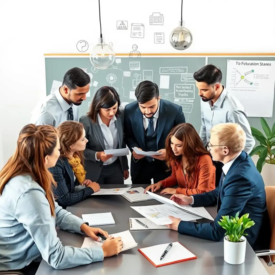 Diverse professionals collaborating, brainstorming ideas, and sharing documents.