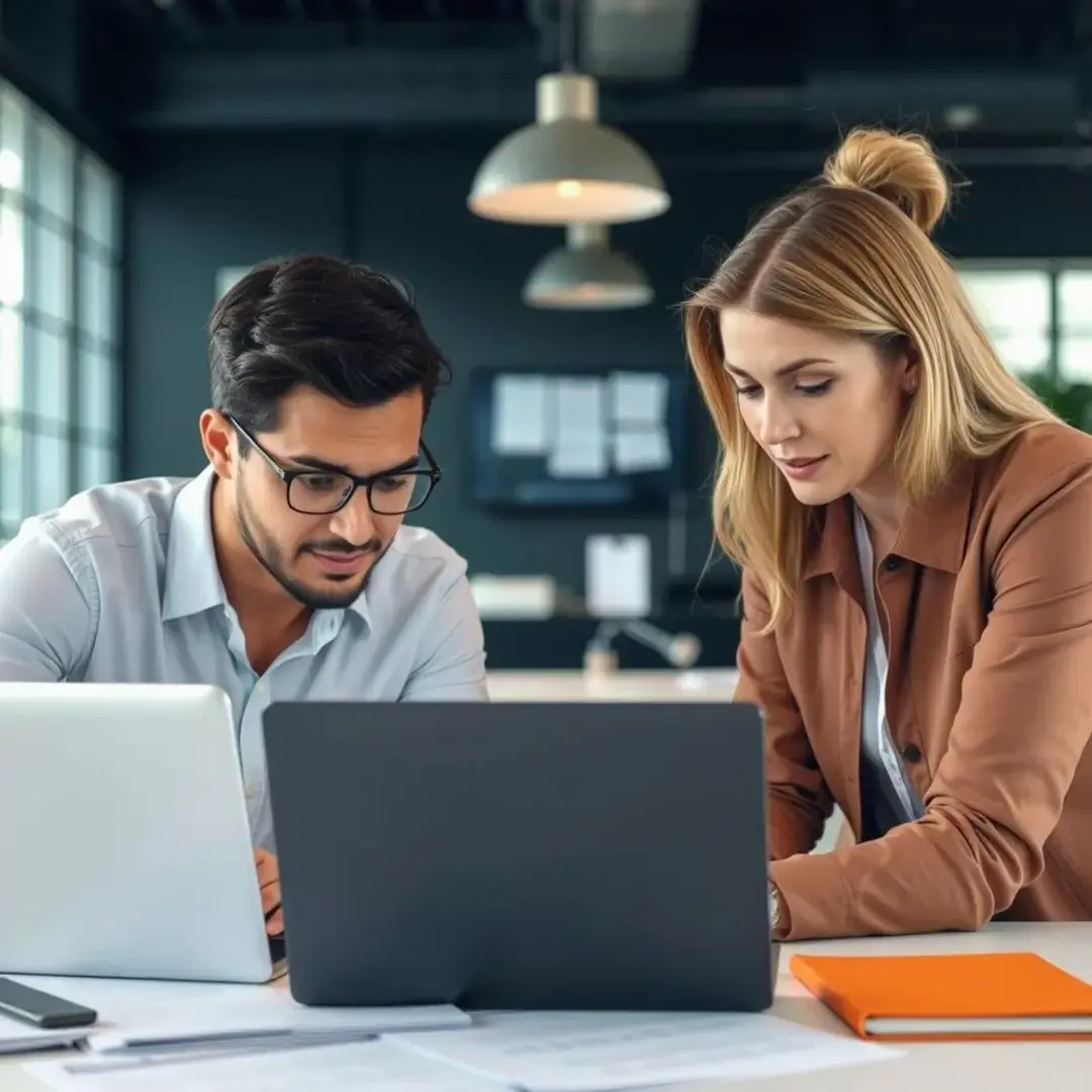 Two professionals discussing strategy over a laptop and documents.