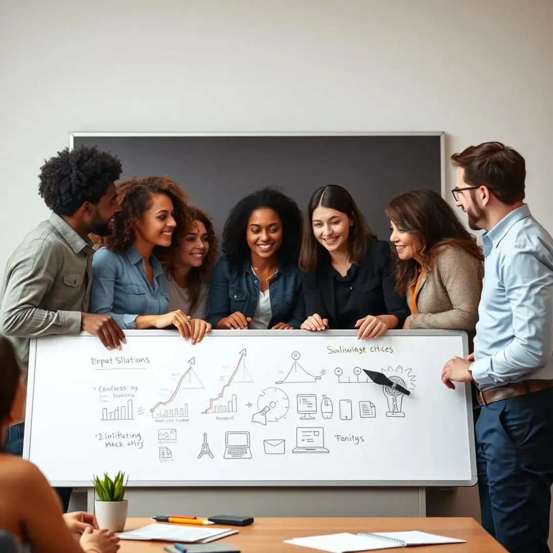 Diverse team collaborating, brainstorming solutions on whiteboard.