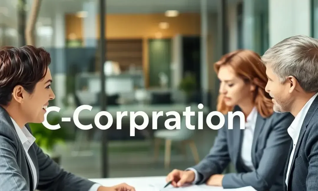 C-Corporation logo, business people discussing, financial documents.