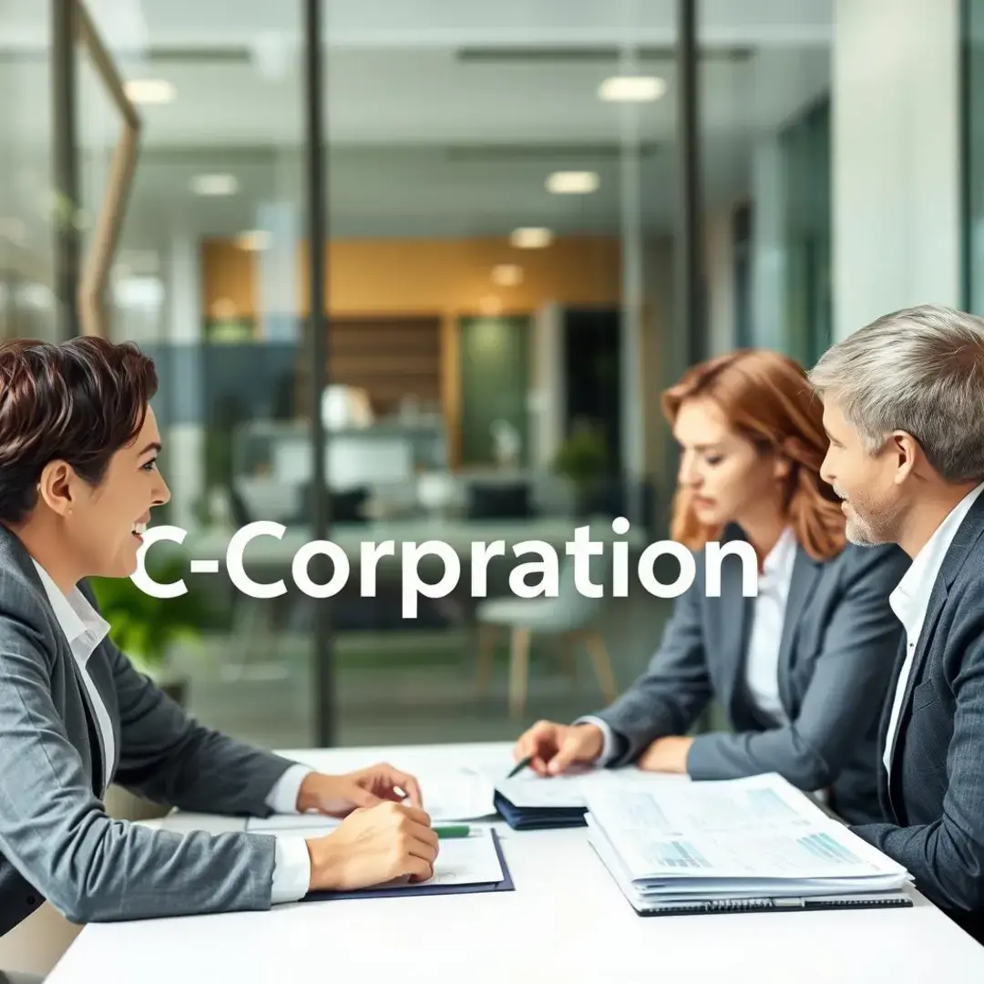 C-Corporation logo, business people discussing, financial documents.