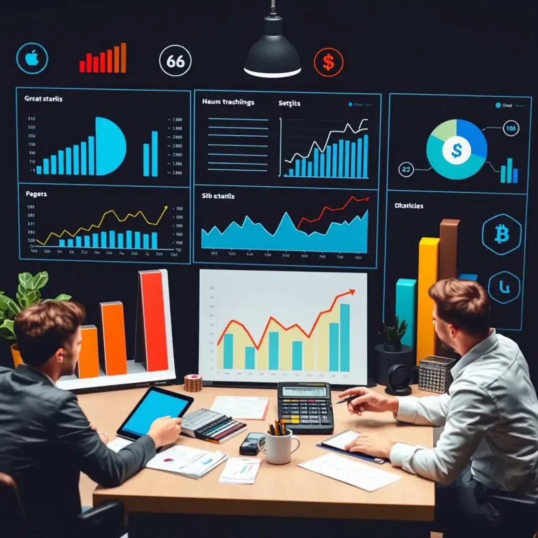 Graphs, charts, calculators, sector icons, startup team discussions.