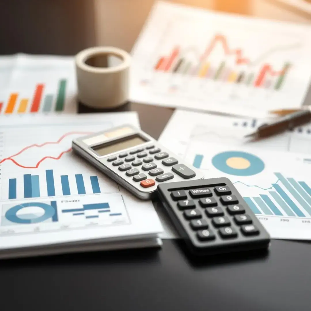 Graphs, charts, calculators, and financial reports illustrating asset turnover.