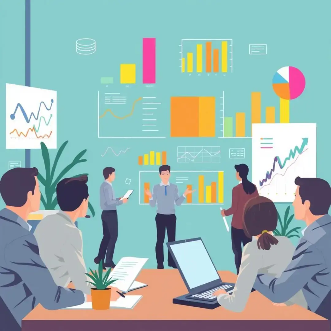 Colorful graphs, charts, and people discussing financial strategies.