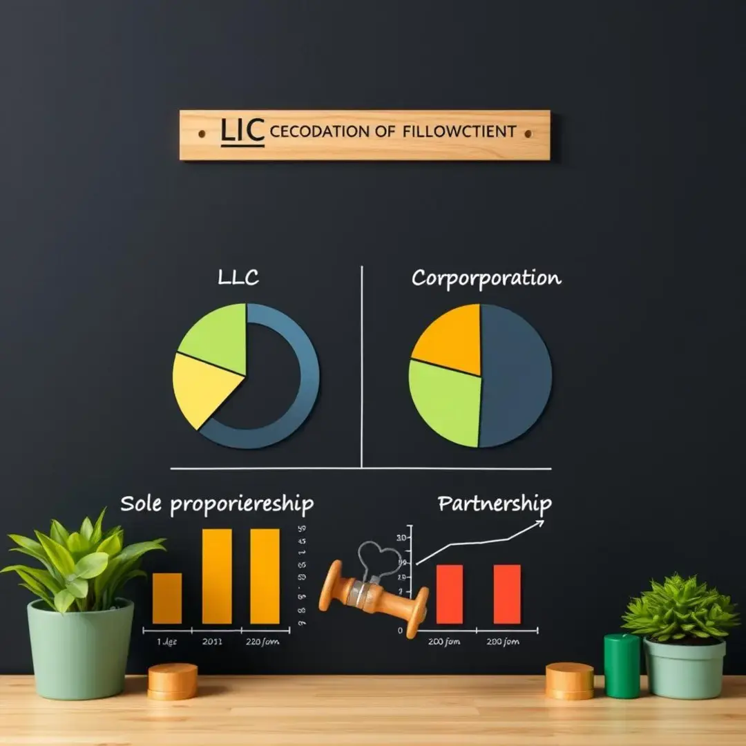 Charts comparing LLC, Corporation, Sole Proprietorship, and Partnership.