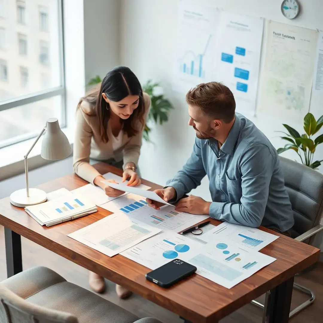 Two people discussing over a table with documents and charts.