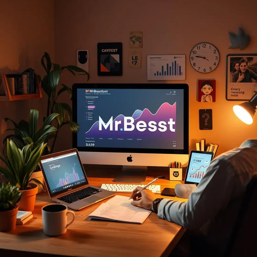 Digital marketing tools, engaging content, MrBeast branding, analytics.