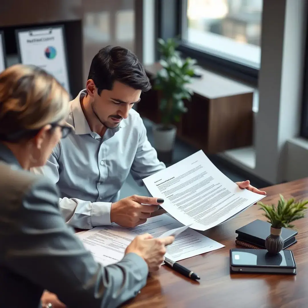 Two people reviewing documents, discussing financial terms and agreements.