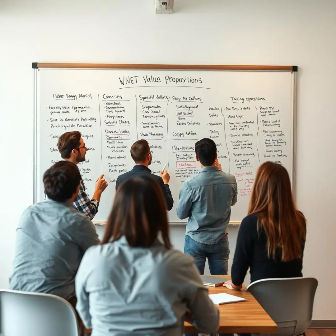 Startup team brainstorming, whiteboard filled with value propositions.