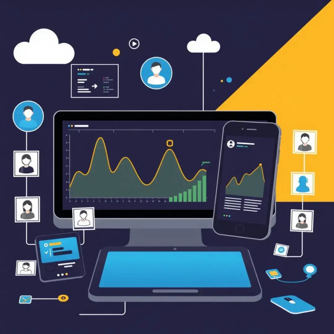 Graphs, devices, user profiles, data flow, social media icons.