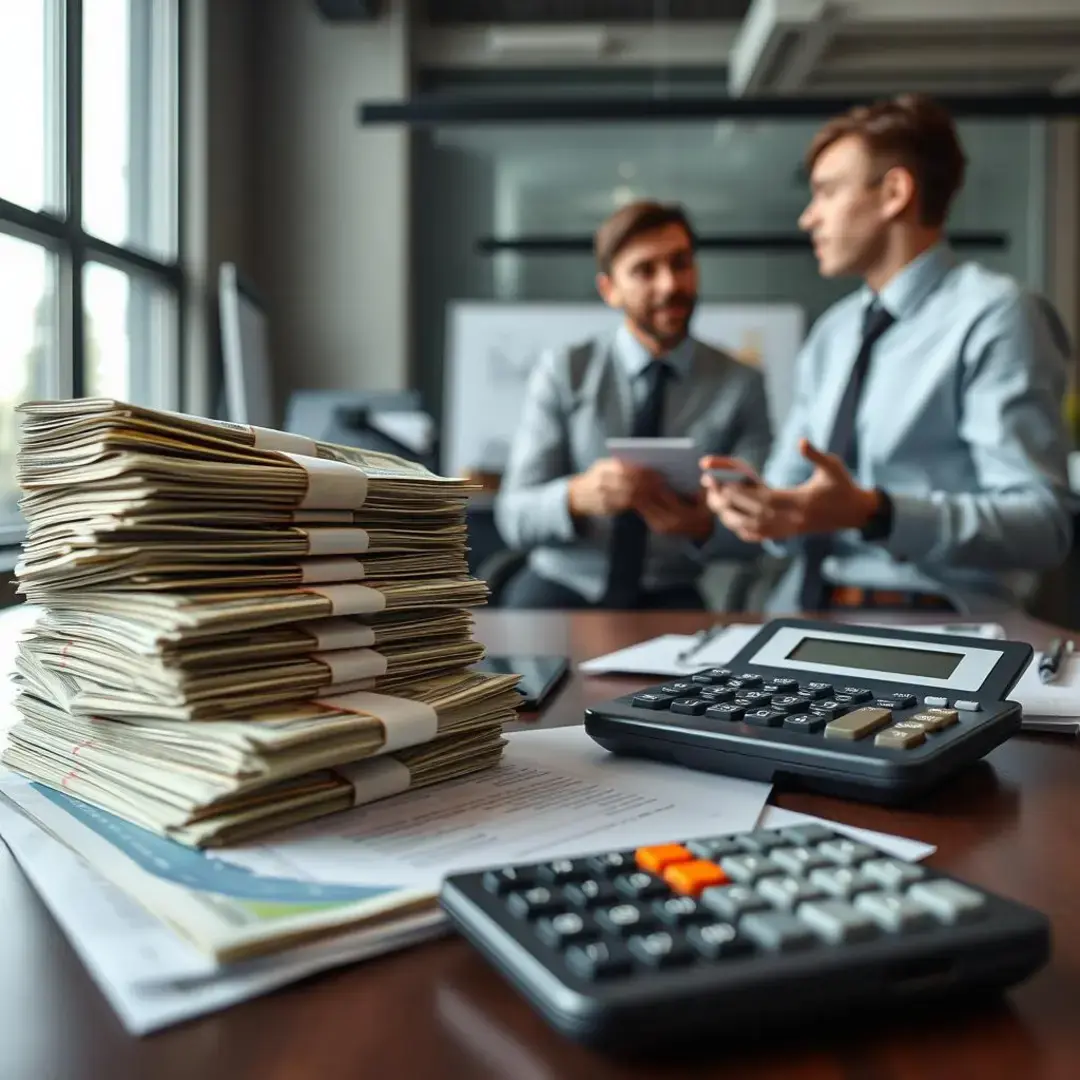 Stack of money, documents, calculator, concerned entrepreneurs discussing finance.