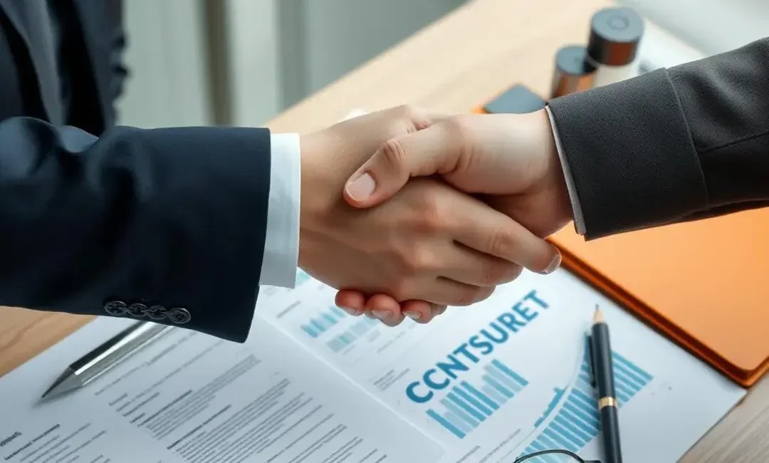 Business deal handshake over contracts and financial documents.